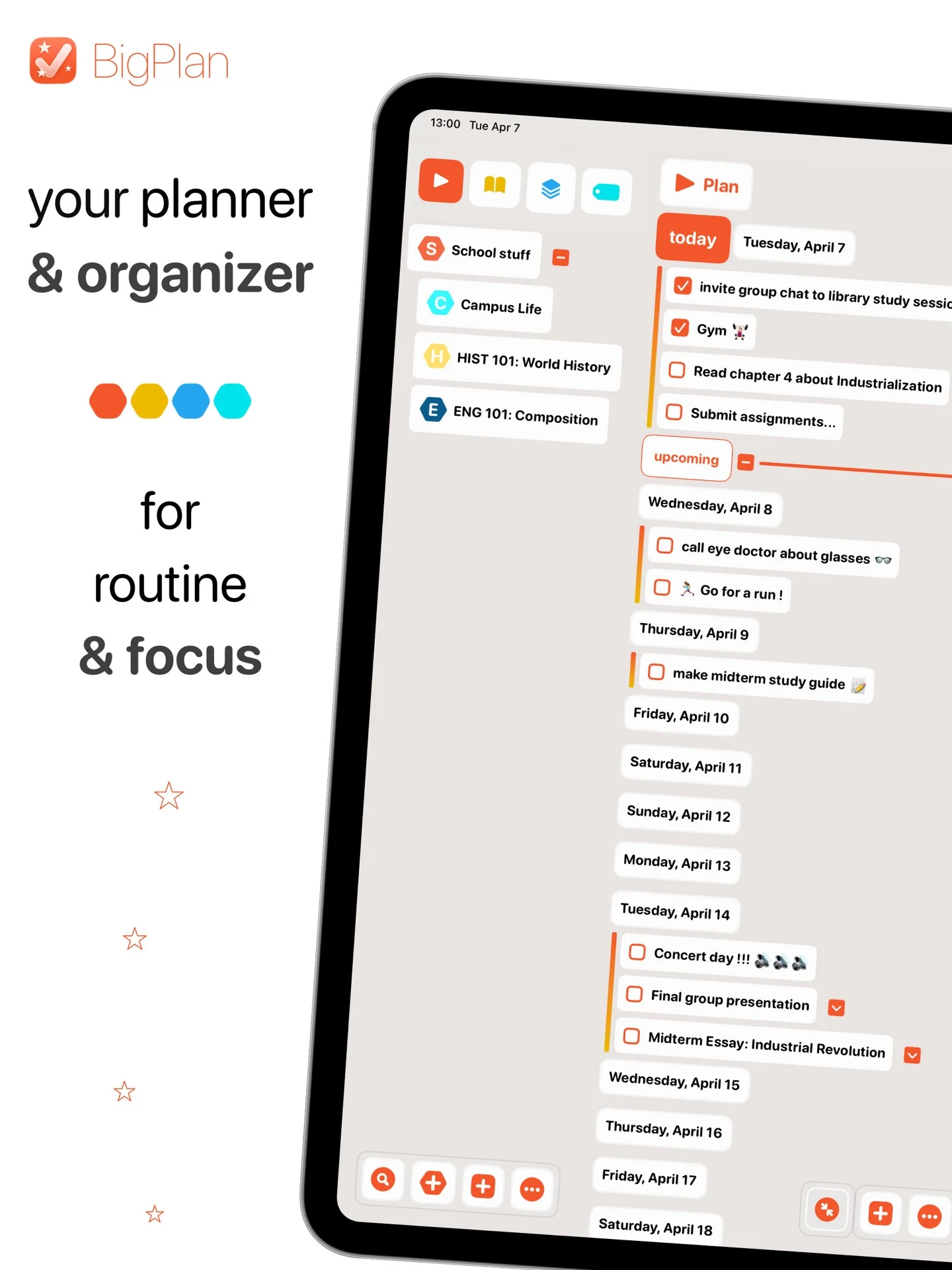BigPlan visual timeline and organized lists on iPad