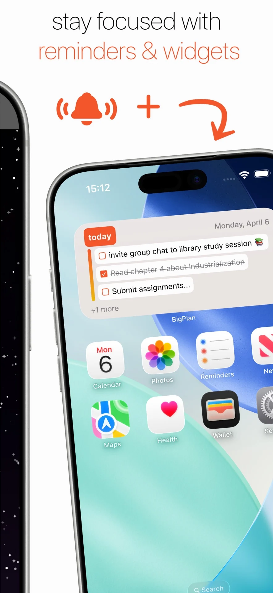 BigPlan widget showing today’s tasks on an iPhone home screen