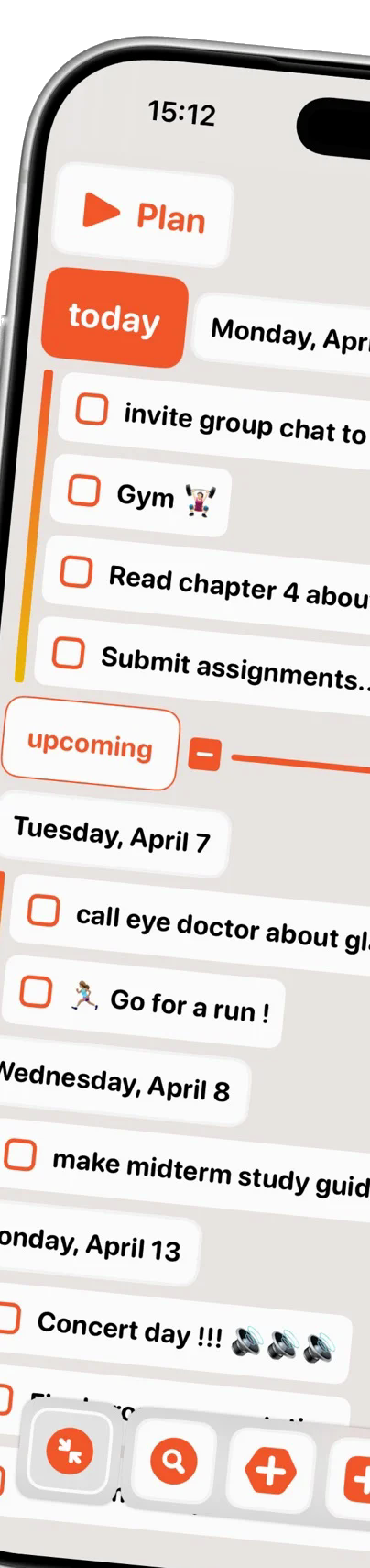 BigPlan on iPhone showing a visual timeline of today and upcoming tasks
