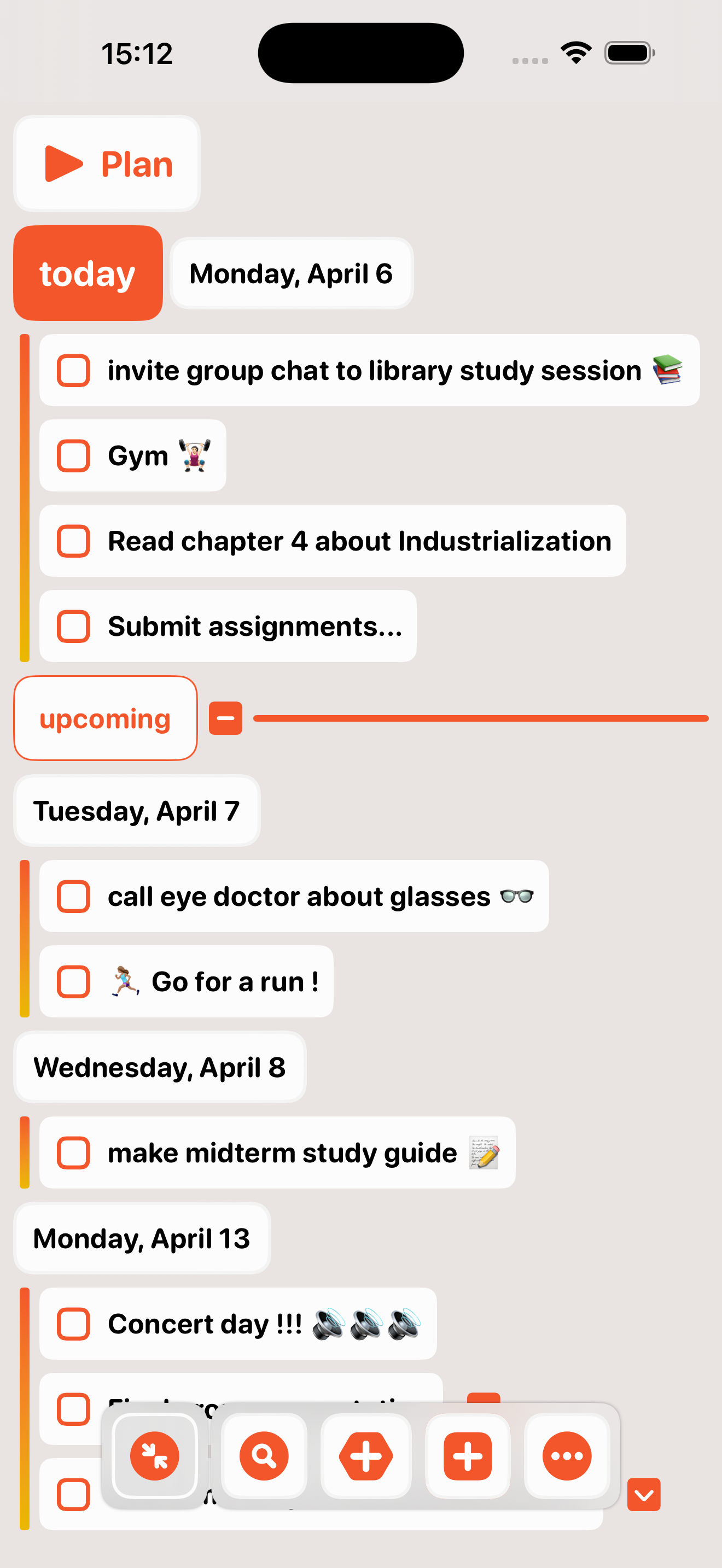 BigPlan on iPhone showing a visual timeline of today and upcoming tasks