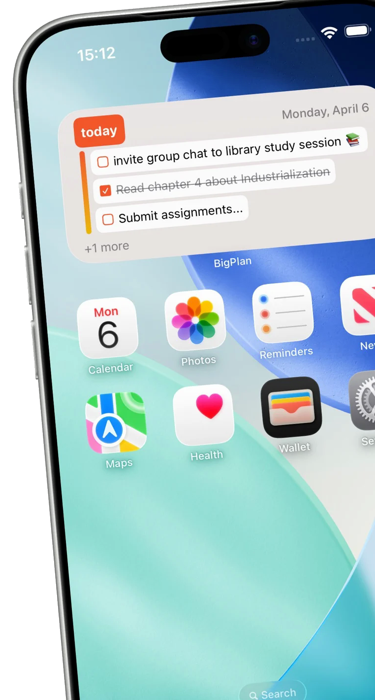 BigPlan reminders and the Plan widget on an iPhone Home Screen