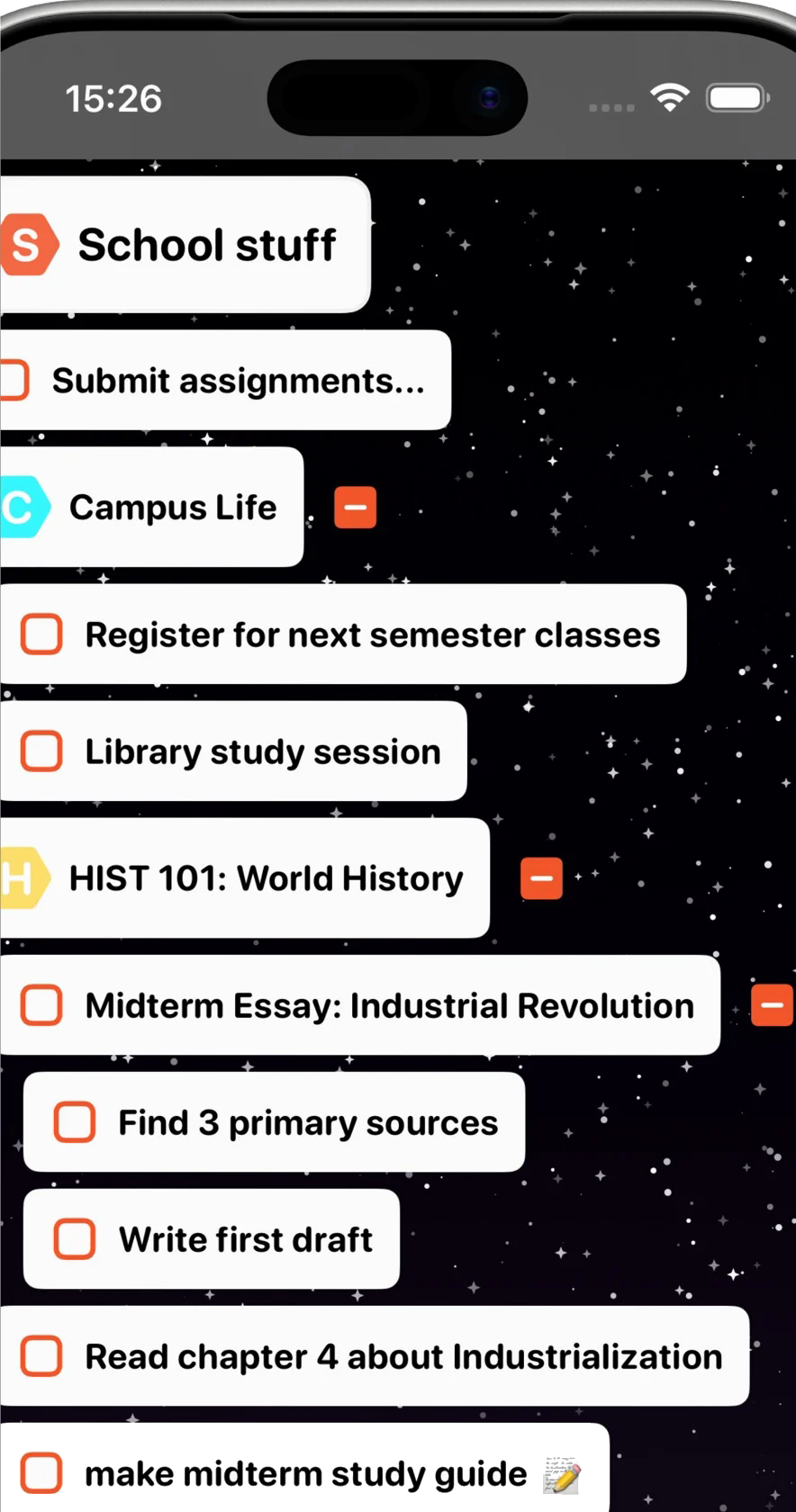 BigPlan lists and tasks arranged on a visual starry timeline